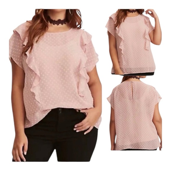 torrid Tops - TORRID LIGHT PINK CHIFFON SHEER SWISS DOT RUFFLE BLOUSE SZ 1X